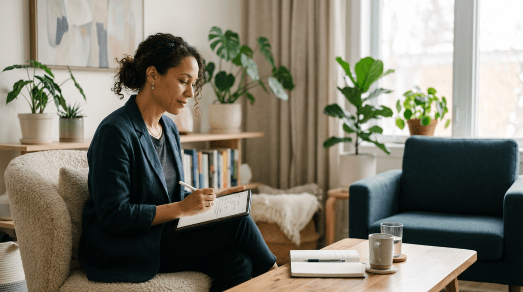 a canadian registered psychotherapist preparing for a session in a warm professional office
