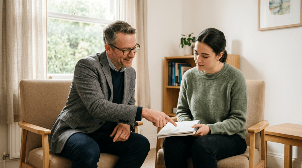 A clinical supervisor mentoring a trainee therapist during a supervised psychedelic-assisted therapy practicum in Canada.