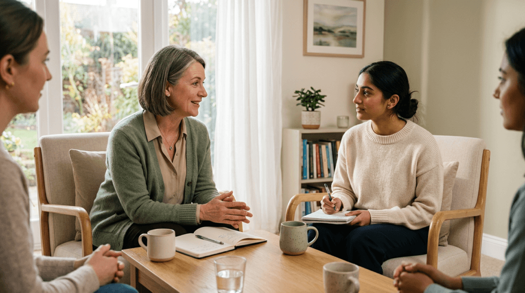 A clinical supervisor providing feedback to a trainee during a supervised psychedelic-assisted therapy practicum session.
