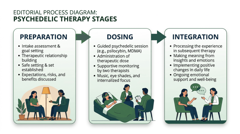 Diagram showing the three phases of psychedelic-assisted therapy: preparation, dosing, and integration.